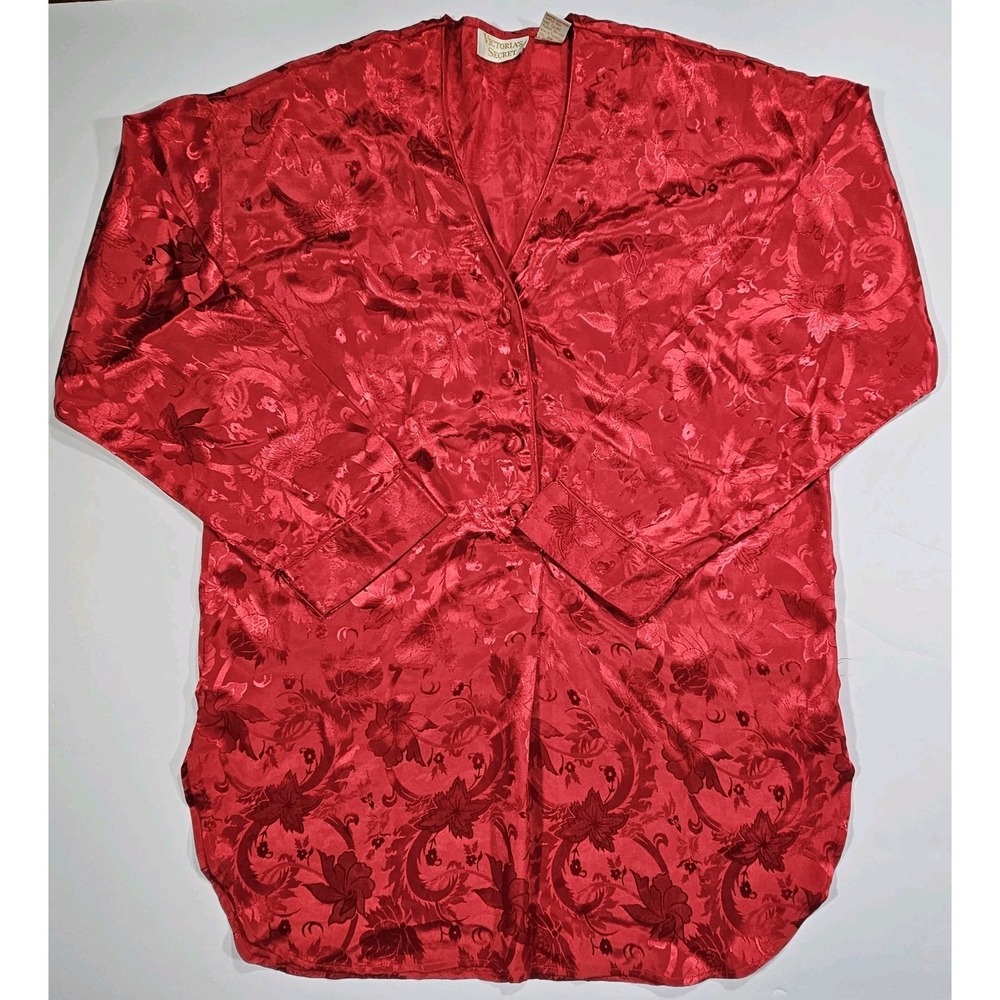 VTG Victoria Secret Gold Label Oversize Night Gown Sz M Red Floral Long Sleeve